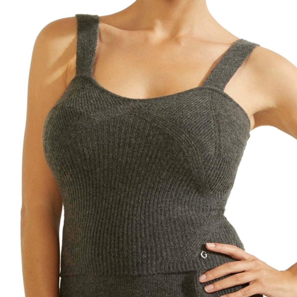 Guess Serena Ribbed Sweater Tank Camel‎ Hair Blend Marled Gray Sz L - EUC